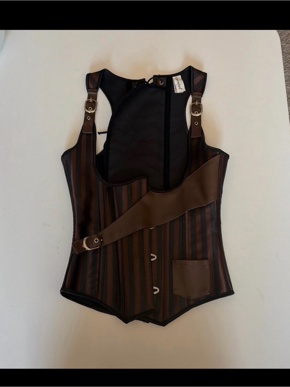 Camellias Brown Striped Corset Vest with Buckle Detail